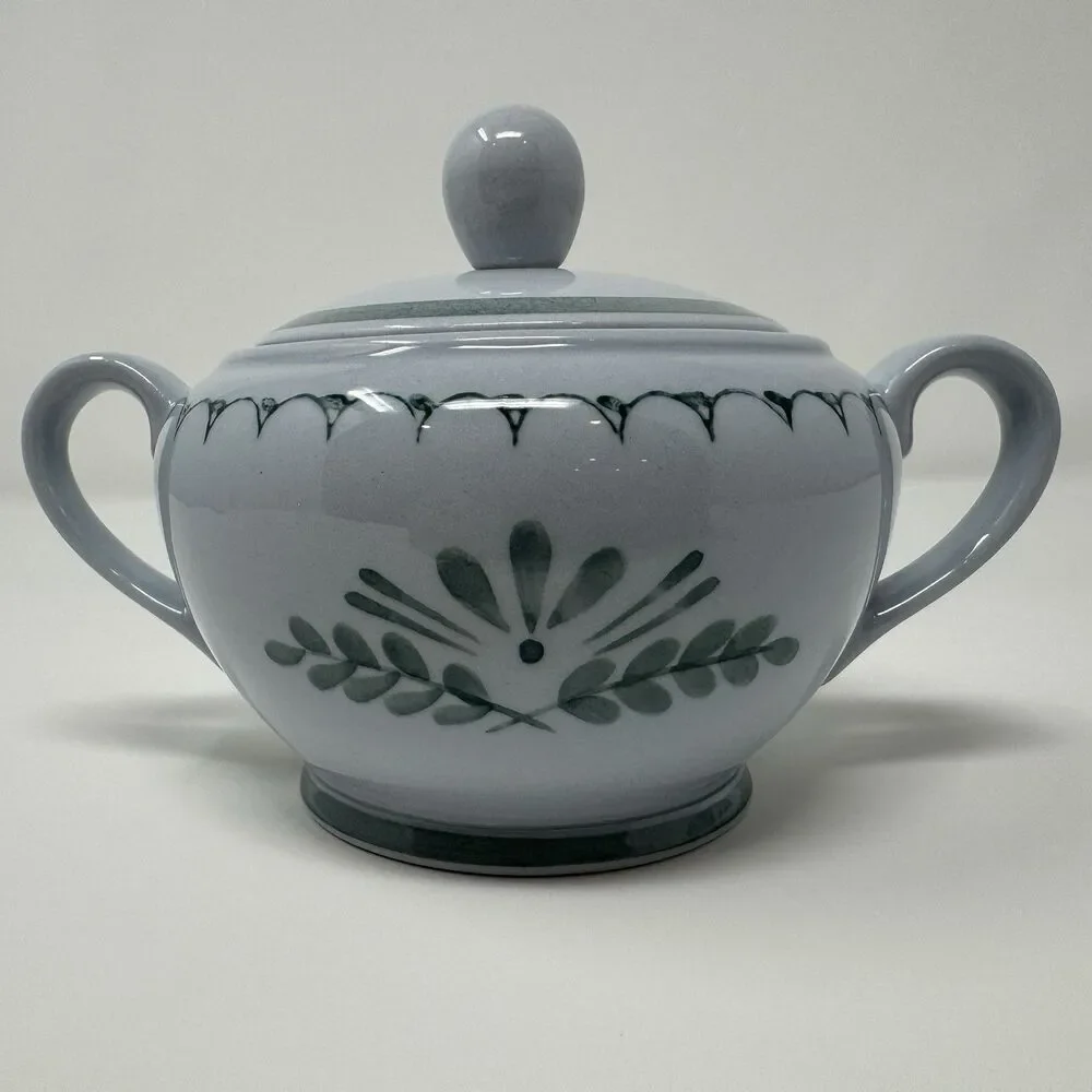 Arabia Finland Green Thistle Sugar Bowl and Lid Handpainted Vintage
